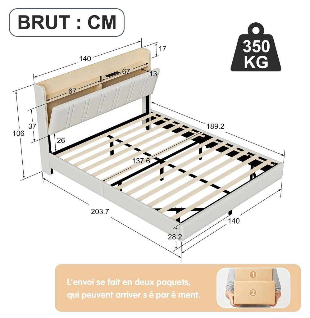 Bett - Polster-Doppelbett 140x190 cm - Bettkasten mit Hydraulik-Lift - Holzlattenrost - LED-Beleuchtung & Steckdosen - Kopfteil mit Stauraum
