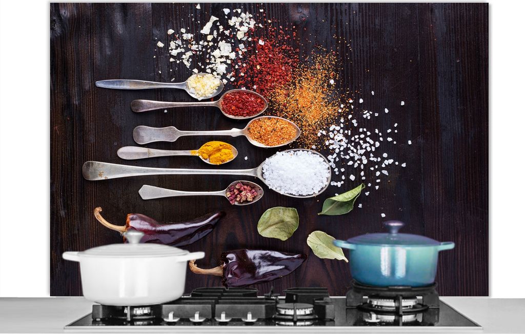 KitchenYeah Spritzschutz Küche - Küchenrückwand - Wandschutz für Herd und Spüle - Kräuter - Löffel - Gewürze - Industrie 120x80 - Alu-Di...
