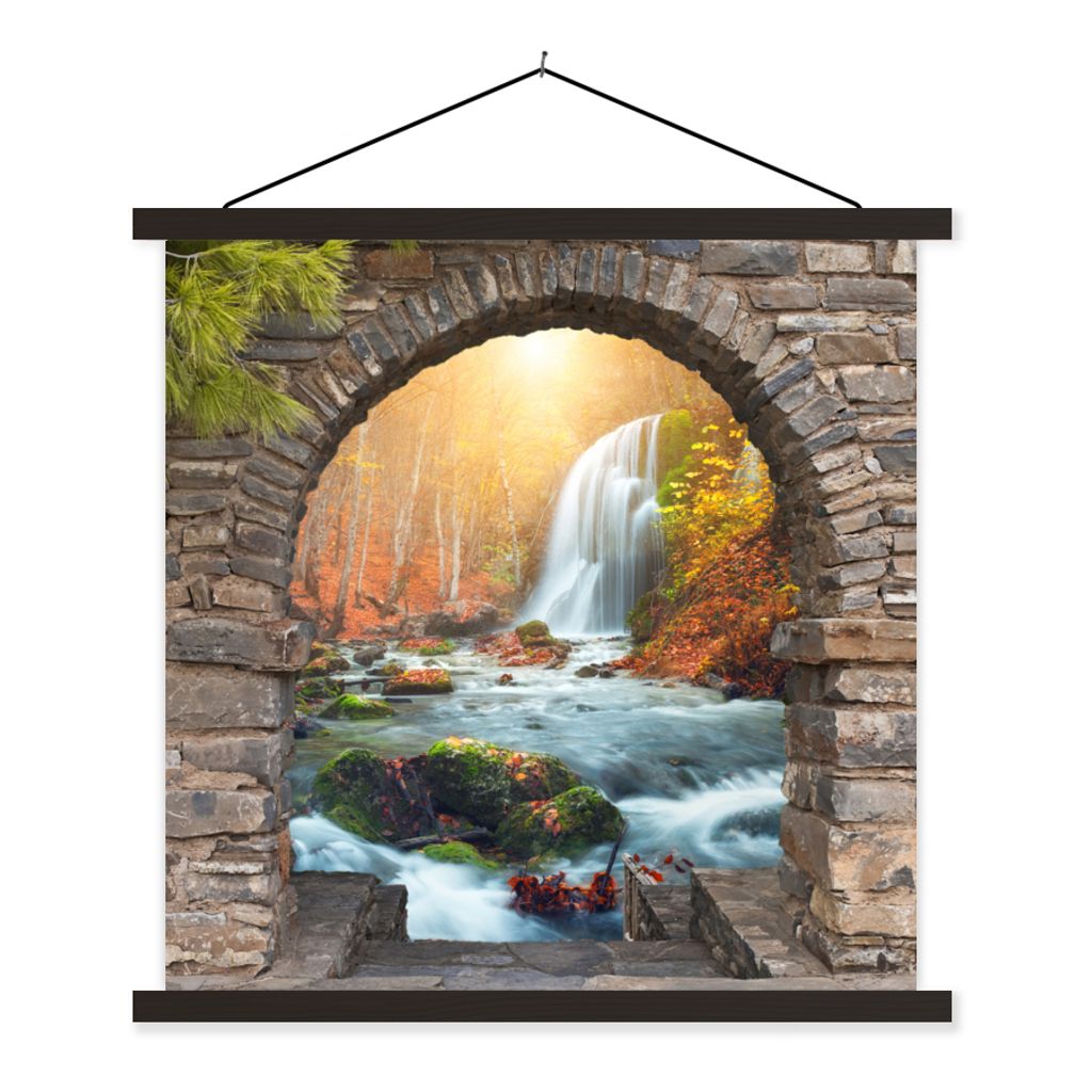 MuchoWow Textilposter Aussicht - Wasserfall - Herbst - Landschaft 60x60 cm mit schwarzem Rahmen - Posteraufhänger