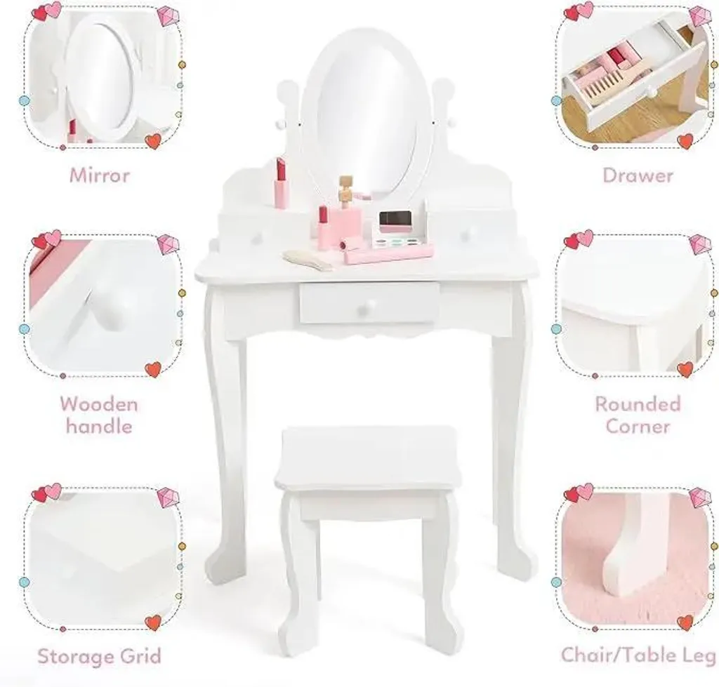 Coiffeuse blanche et tabouret, ensemble avec tiroirs de rangement