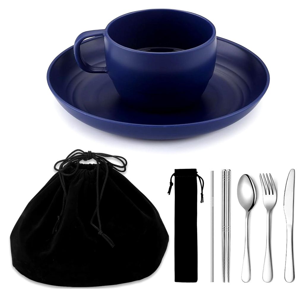 Camping Essentials Set mit Teller, Schüsseln, Kaffeebecher und Reisebesteck