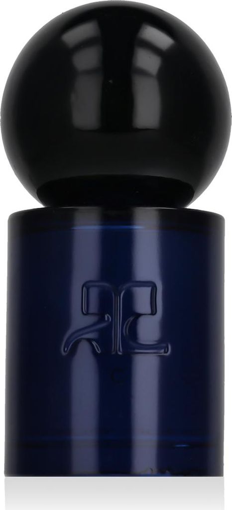 A close-up studio shot of a dark blue perfume bottle with a black spherical cap.