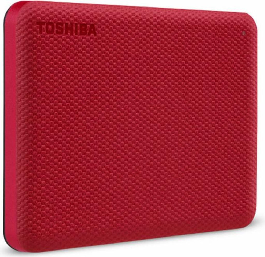 A red Toshiba Canvio Advance external hard drive is shown against a white background.