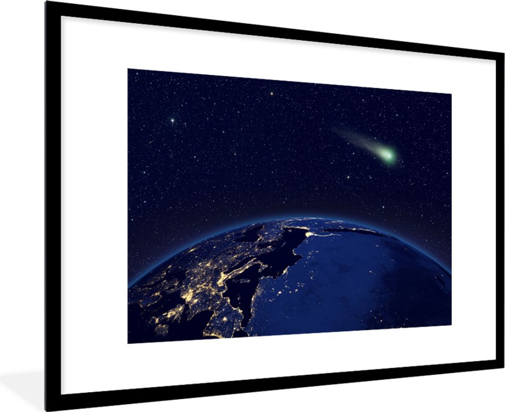 MuchoWow Gerahmtes Poster Komet über einer blauen Erde 90x60 cm - Poster mit Schwarzem Bilderrahmen Wandposter Rahmen Foto Bilder - Wanddekorati...