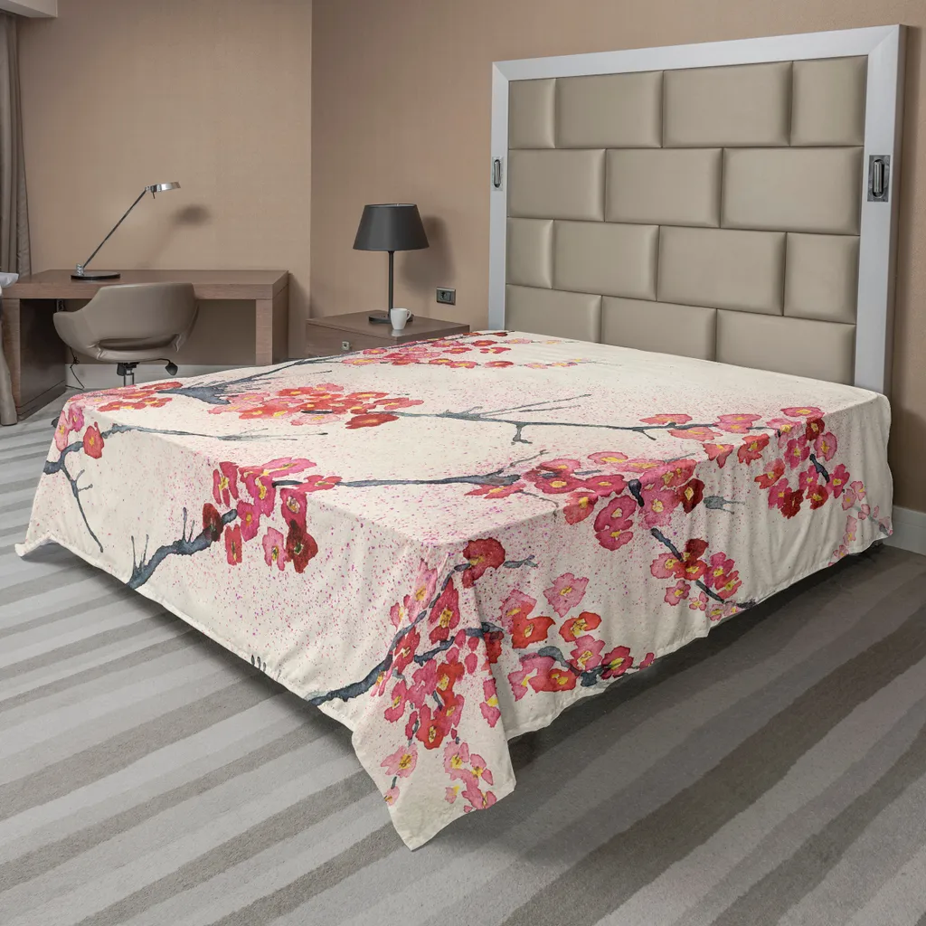 Grand drap de lit 275x260 cm imprimé cerisier japonais style vintage