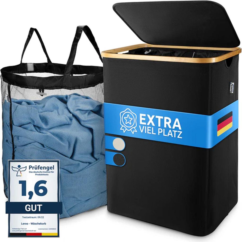 Wäschekorb schwarz 100 l Bambus atmungsaktiver Stoff