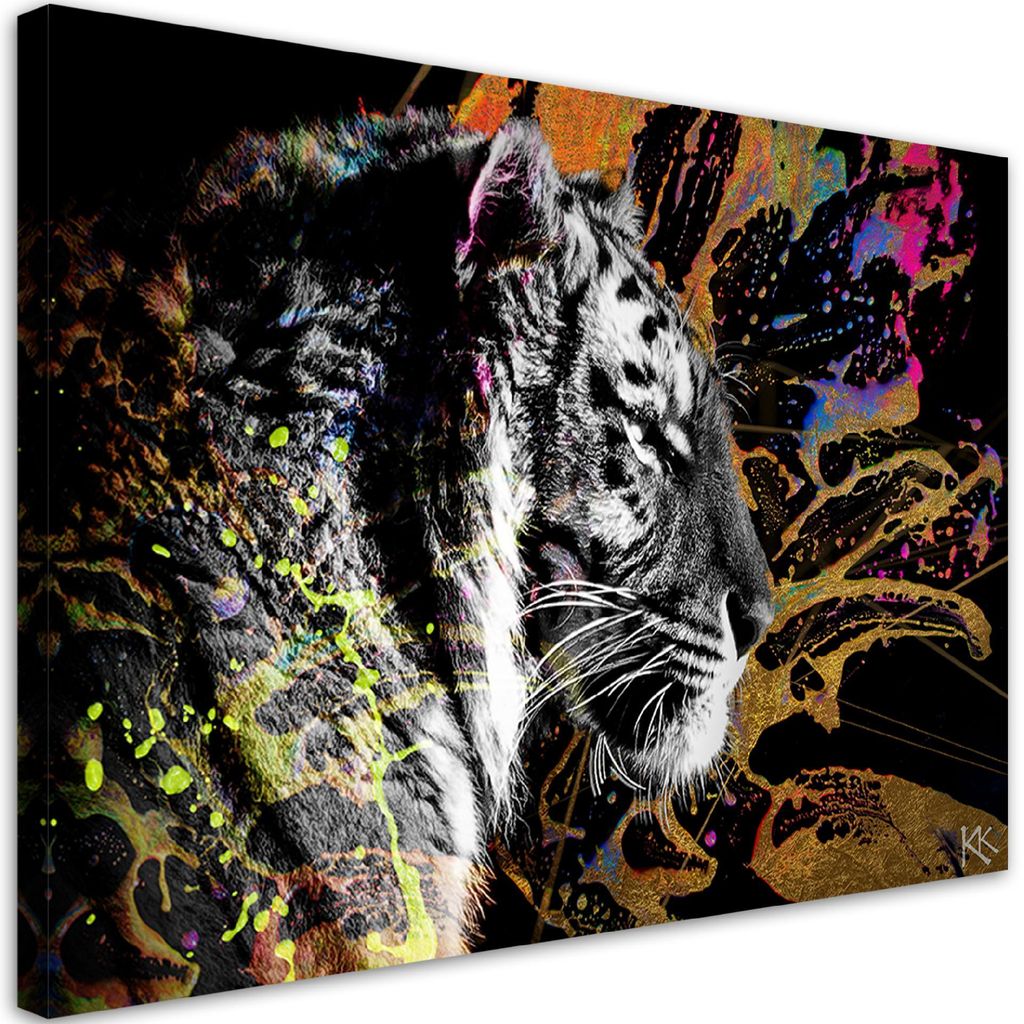 Leinwandbild Tiger auf farbigem Hintergrund 100x70 Feeby Bunt bild für die wand bereit zum aufhängen