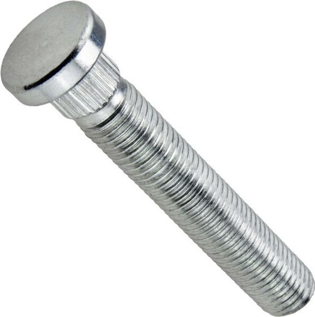 A single metal bolt with a threaded shaft and a round head with serrations.