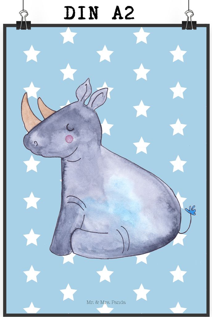 Mr. & Mrs. Panda Bild Einhorn Nashorn DIN A2 - Blau Pastell - Geschenk, Lustig, drucke, Zoo, Nashörner, Wanddekoration, Regenbogen, Unicorn, Plaka...