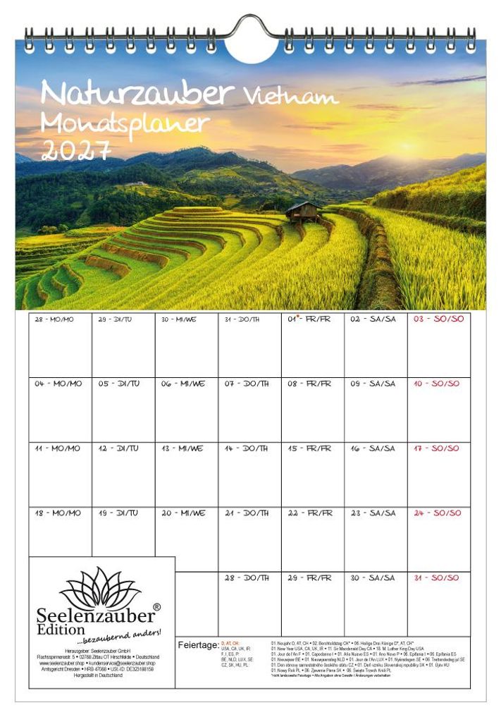 Naturzauber Vietnam Planer DIN A4 Kalender für 2027 Landschaft Natur Natur Land Urlaub Strand - Seelenzauber
