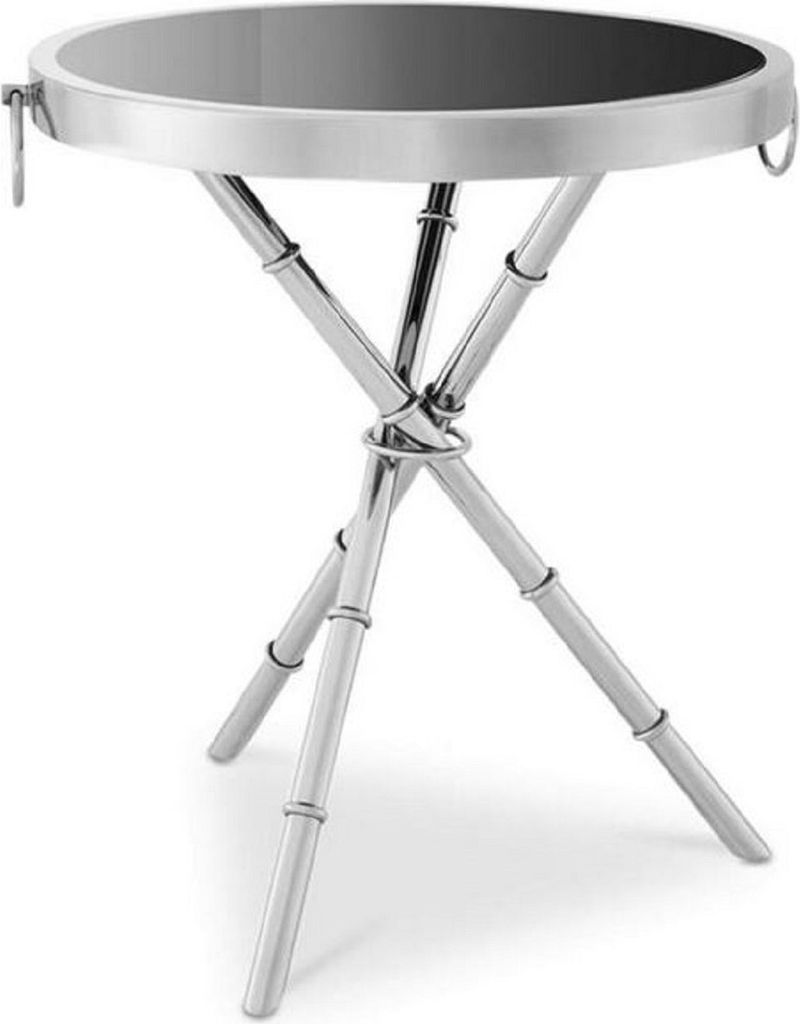 Casa Padrino Luxus Beistelltisch Silber / Schwarz Ø 55 x H. 44 cm - Runder Metall Tisch mit Glasplatte - Wohnzimmermöbel