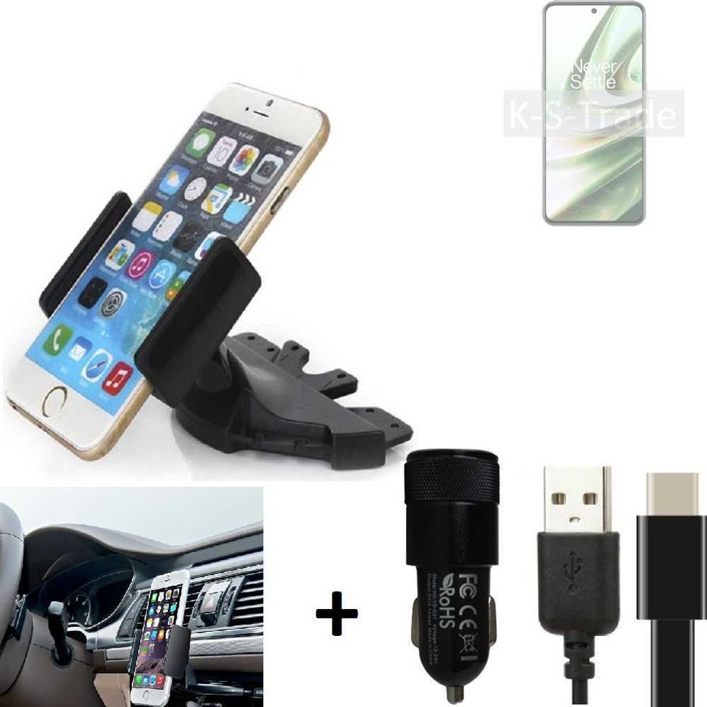 K-S-Trade CD Schlitz Handy-Halterung kompatibel mit OnePlus 10R 5G Autohalterung KFZ-Halter Radio Handy Halterung 360° drehbar CD-Schacht inkl. USB-C
