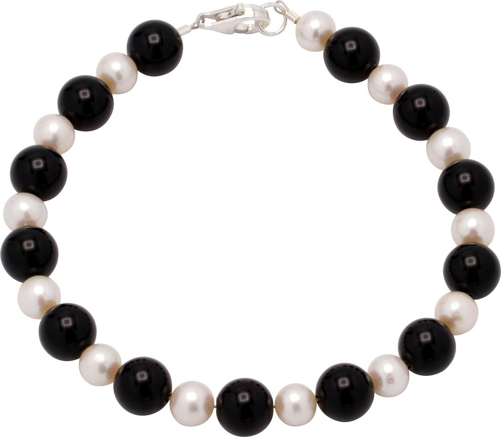 Armband aus Onyx & Süßwasserperlen & 925 Silber schwarz weiß Armschmuck Damen