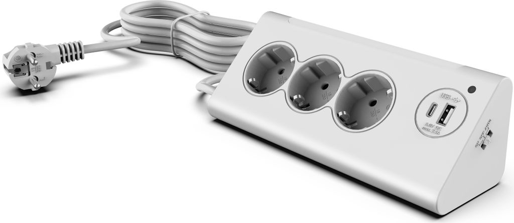 A white power strip with three European-style outlets and two USB ports, including a USB-C port, is shown on a white background with a white power cord and plug.