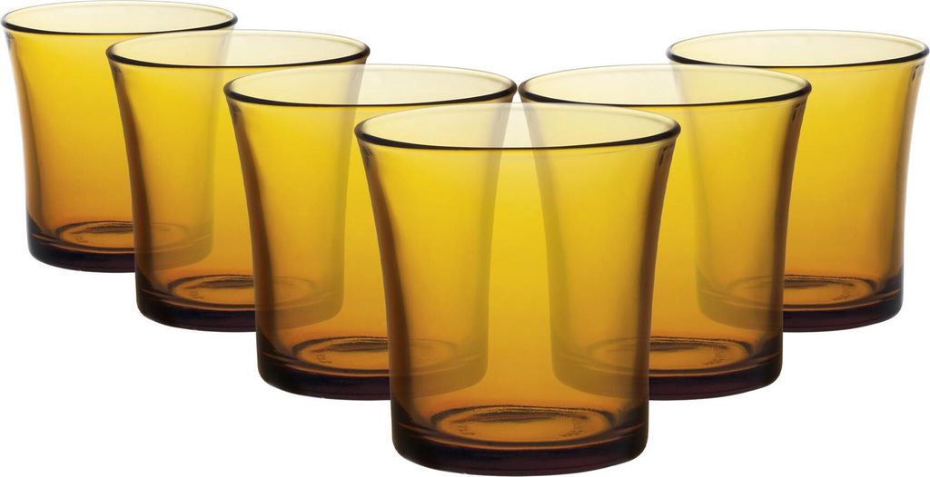 A set of six amber-colored drinking glasses arranged in a semi-circle on a white background.