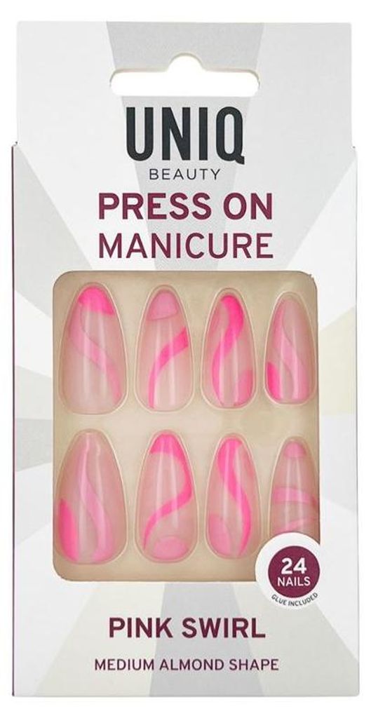UNIQ Press On Nails Pink Swirl - Künstliche Nägel zum Aufkleben, Mandelform, inkl. Nagelkleber und Maniküre-Set, 24 Stück
