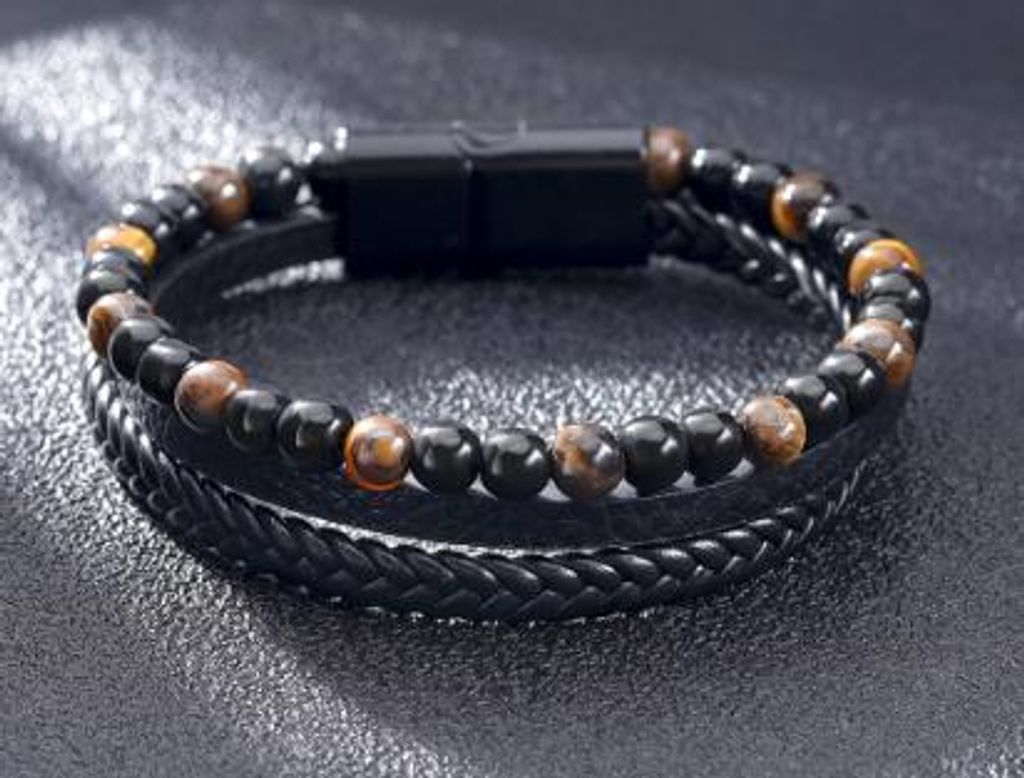 Tigerauge-Armband aus mehrlagigem Leder, Schwarz, 21 cm Produktbild 