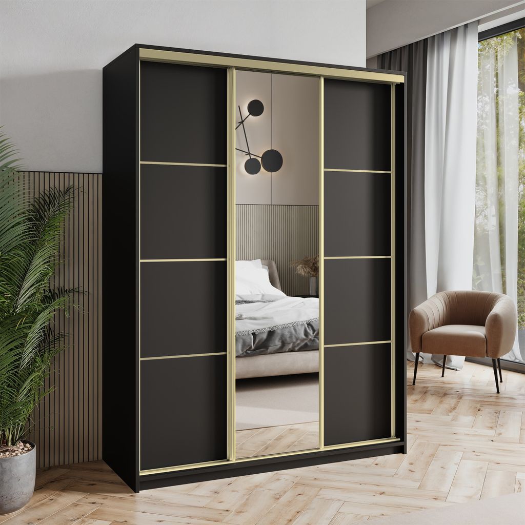 Masseno Schiebetürenschrank VARO 150/205/60 cm Kleiderschrank mit Schubladen Schlafzimmer Schrank 3-türig mit Spiegel Schwarz + Gold