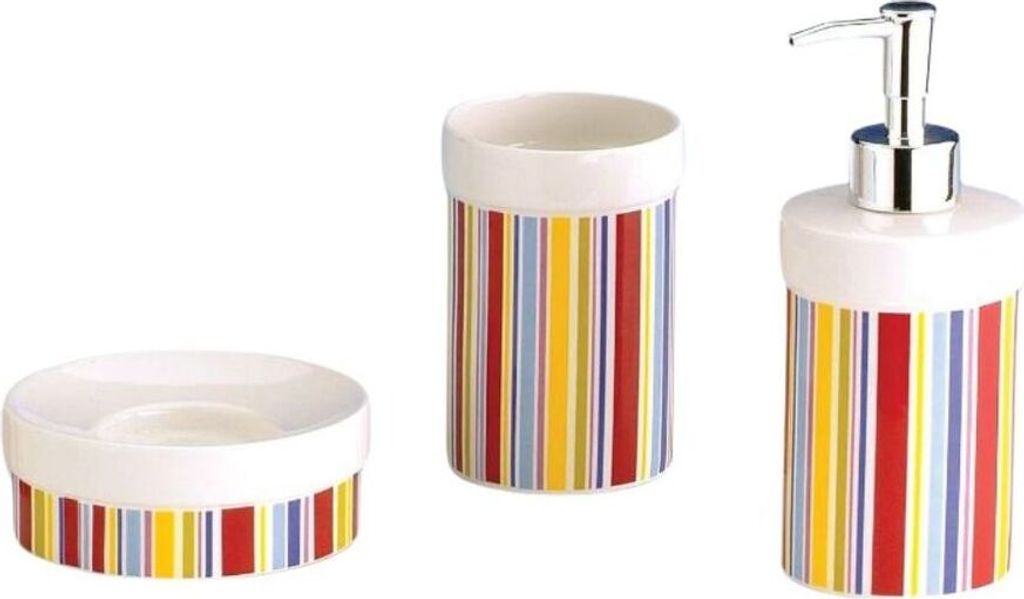 3tlg Set Bad Accessoires Seifenspender Zahnputzbecher Seifenschale Streifen