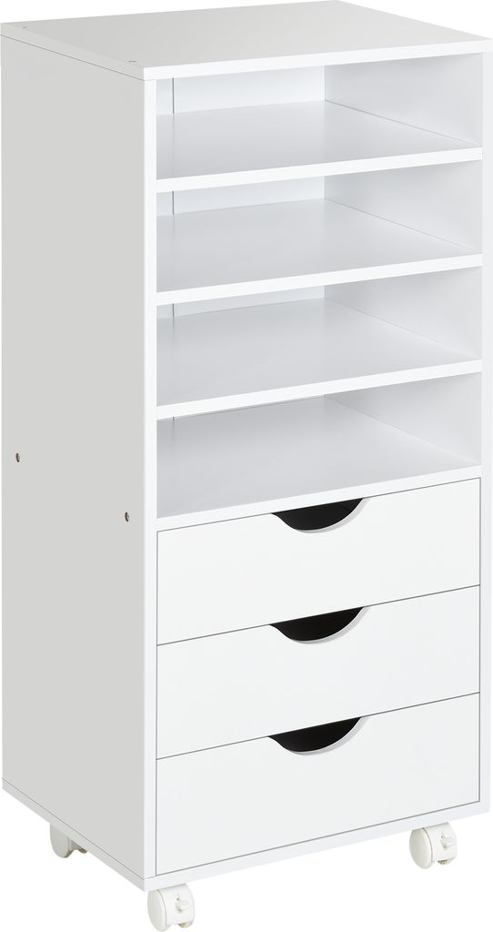 Vinsetto Bürokommode mit 3 Schubladen und 4 offenen Regalen, Schreibtischschublade mit Rollen für Büro, Arbeitszimmer, 38 x 40 x 86,8 cm, Weiß