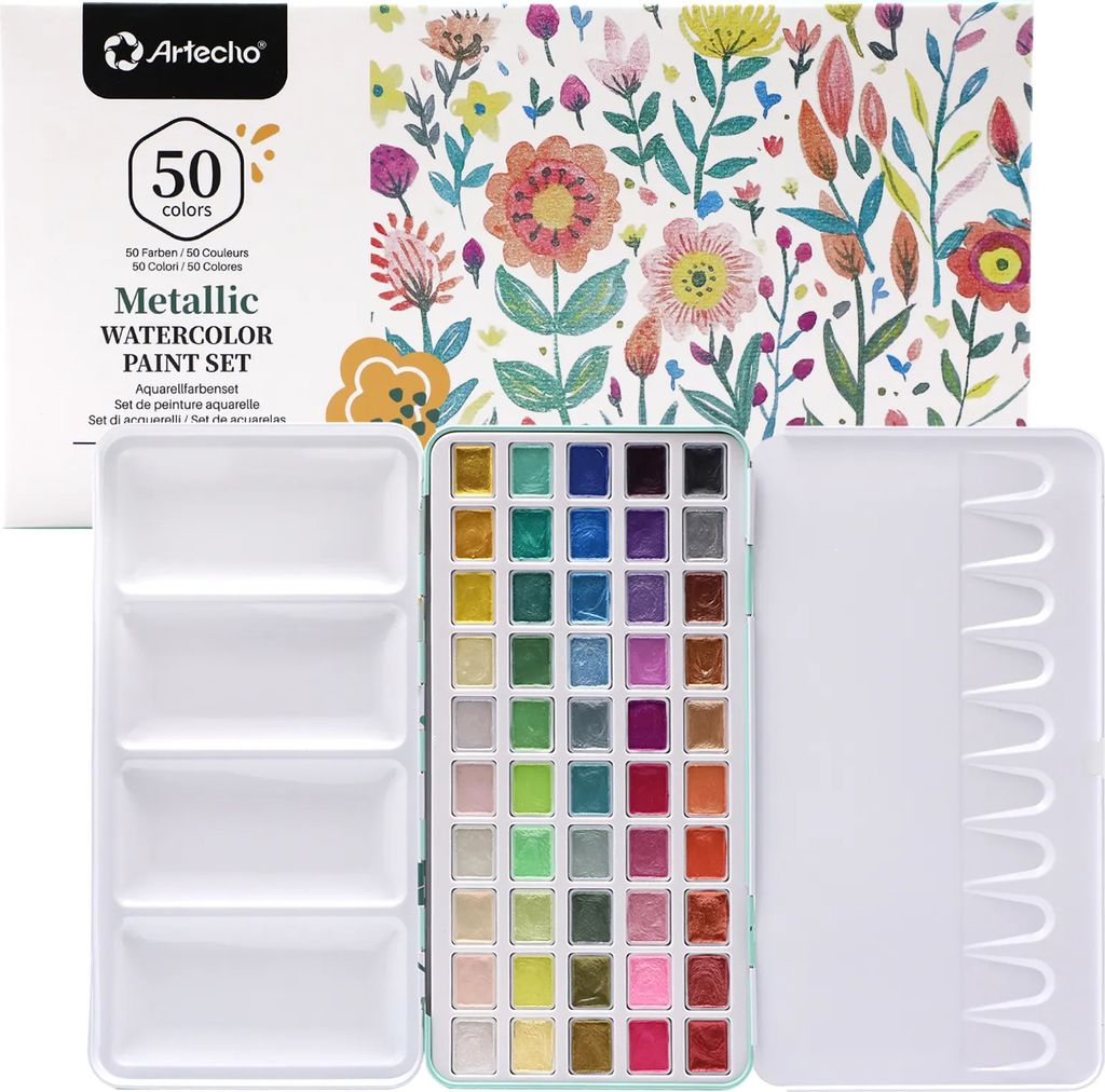 Artecho Aquarellfarben Wasserfarbe Set - 50 Metallic Farben im praktischen Metalletui - egal ob unterwegs oder Zuhause - für Anfänger und Profis