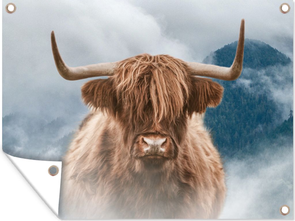 MuchoWow 80x60 cm Outdoor-Poster Gartendeko Sichtschutz Garten Poster für den Garten Schottische Highlander - Nebel - Berge