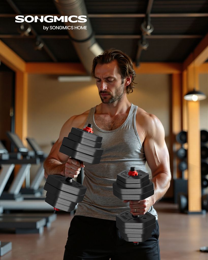 SONGMICS Hantelset, Hanteln mit Verbindungsstange, Hexagon, Kurzhantelset, 10-40 kg, für Workout, Fitnesstraining, Gewichtheben