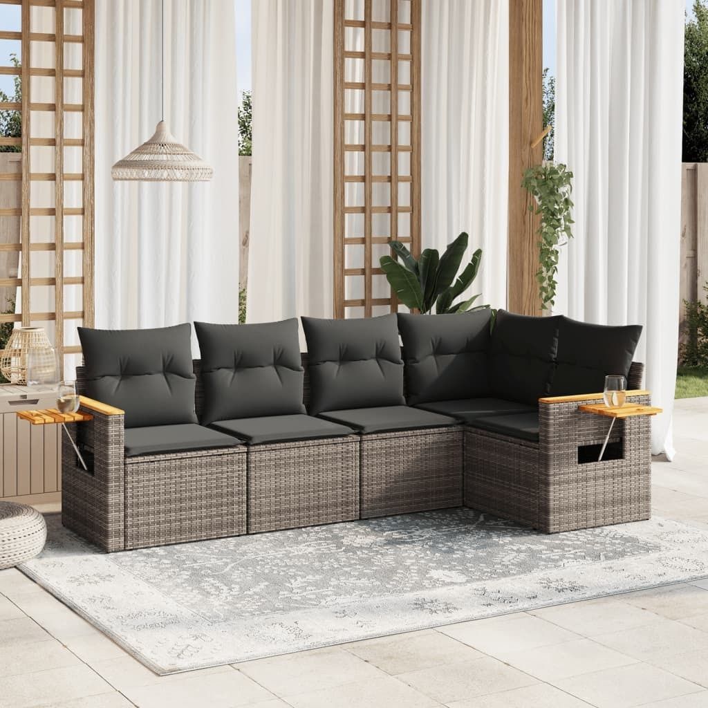 Design 5-tlg. Garten-Sofagarnitur mit Kissen Grau Poly Rattan, Gartenmöbel-Sets 2024 Neu