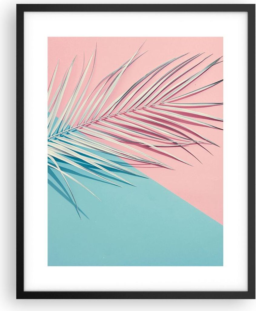 Gerahmtes Poster - Schwarzer Rahmen - Blatt Rosa Türkis - 40x50 cm - Wand Bild - Wanddeko - Wandbilder - Kunstposter - Wandposter - Bilderrahmen -...