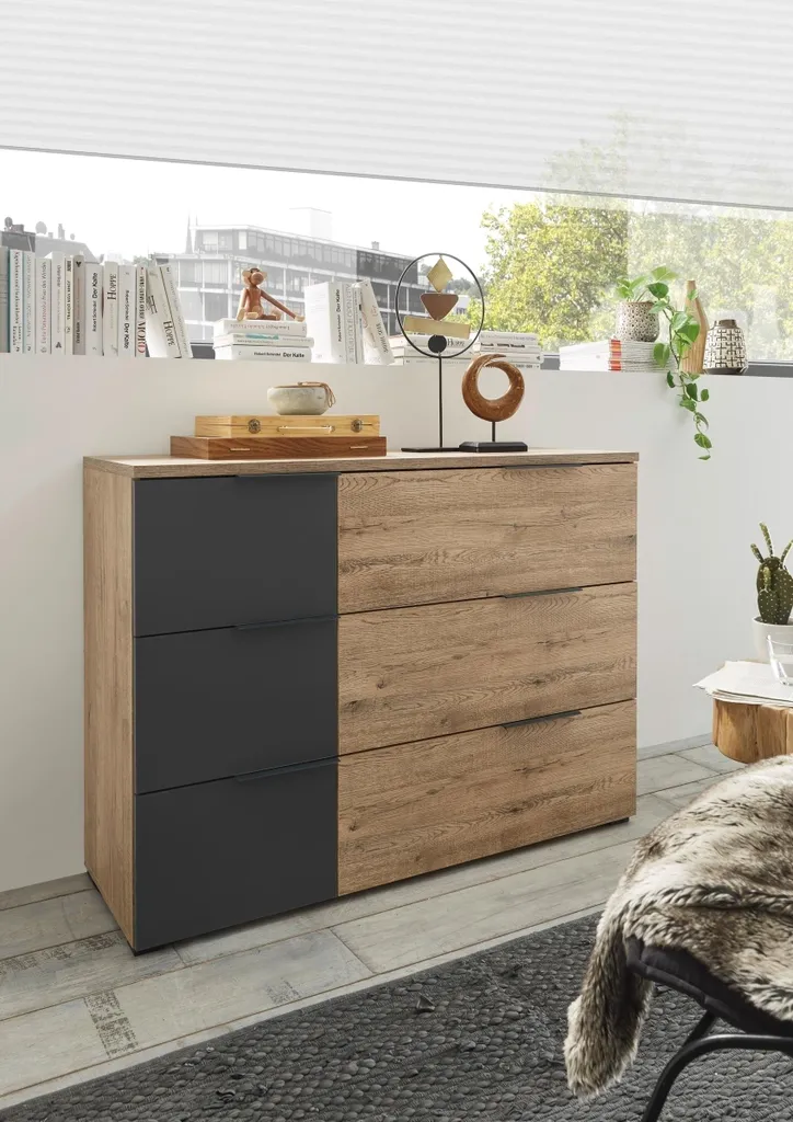 Commode à 3 tiroirs LINEA Chêne Bartex et Graphite - 120x89x40 cm - 5