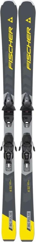 A pair of skis with bindings, shown from a top-down perspective against a white background.