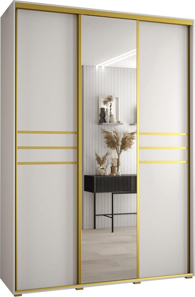 MEBLE KRYSPOL Cannes 11 Schrank mit 3 Schiebetüren - 205,2x170x45 cm - Weiß Weiß Gold