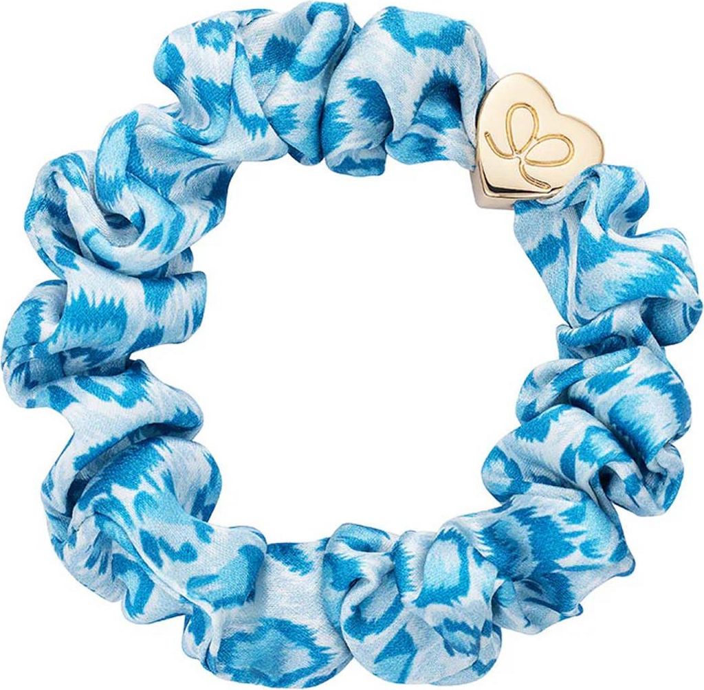 By Eloise London Gold Heart Silk Scrunchie Blue Leopard Produktbild 