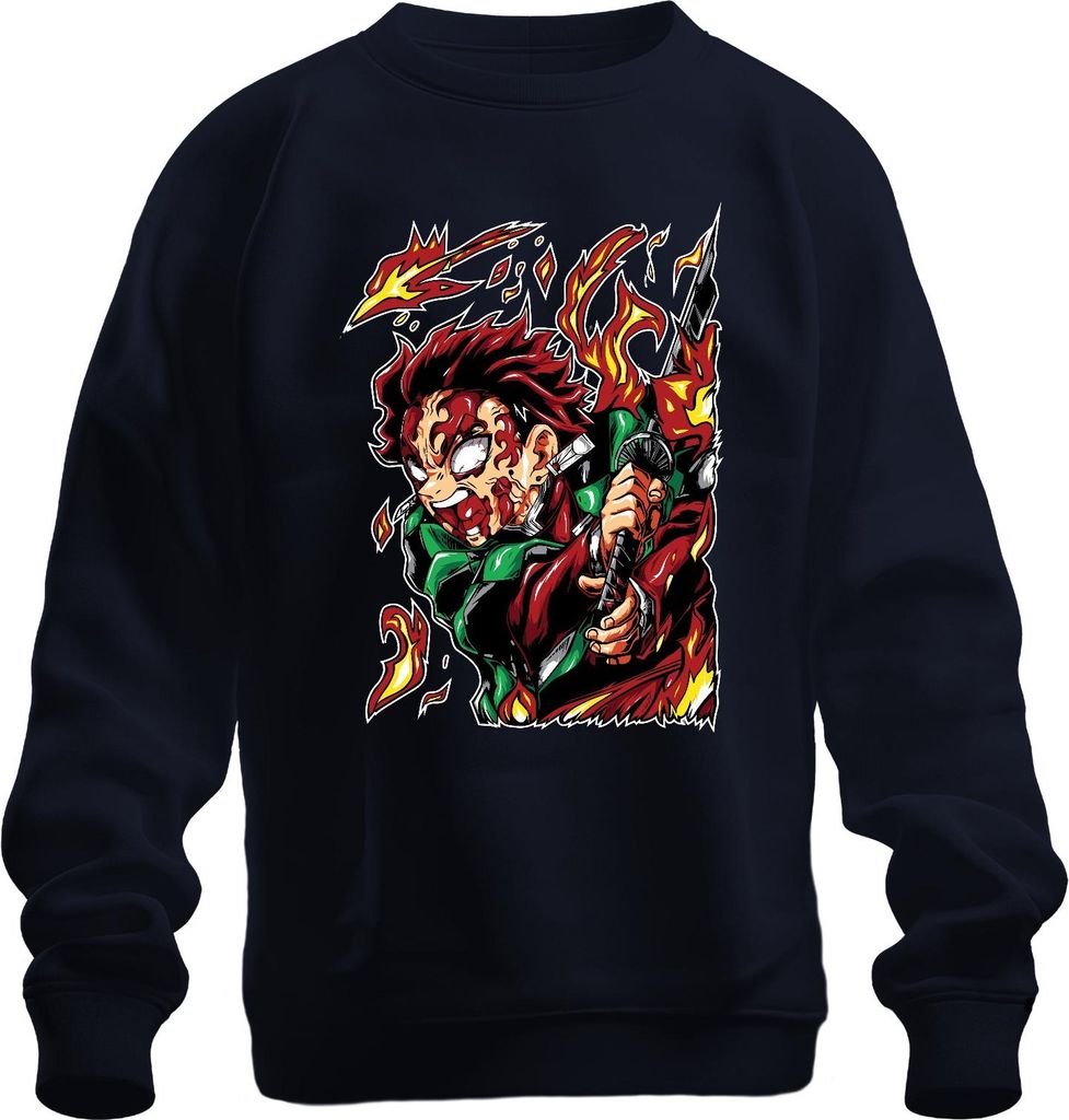 Dämonenjäger Samurai Katana Feuer Anime Geschenk Japan Y2K Streetwear Uni Sweatshirt Pullover, Navy, XL