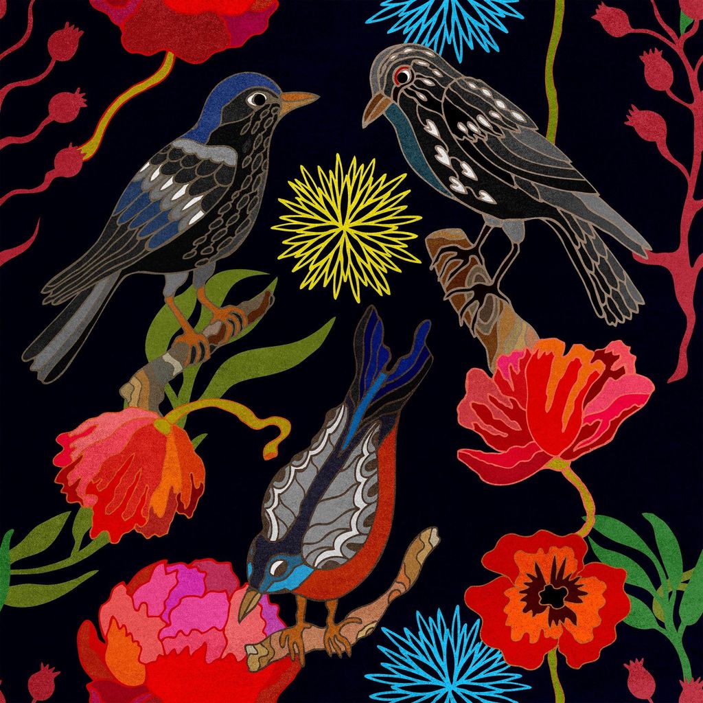 Royal Samt Stoff Polyester Zum Nähen - Motiv Vögel und Mohn