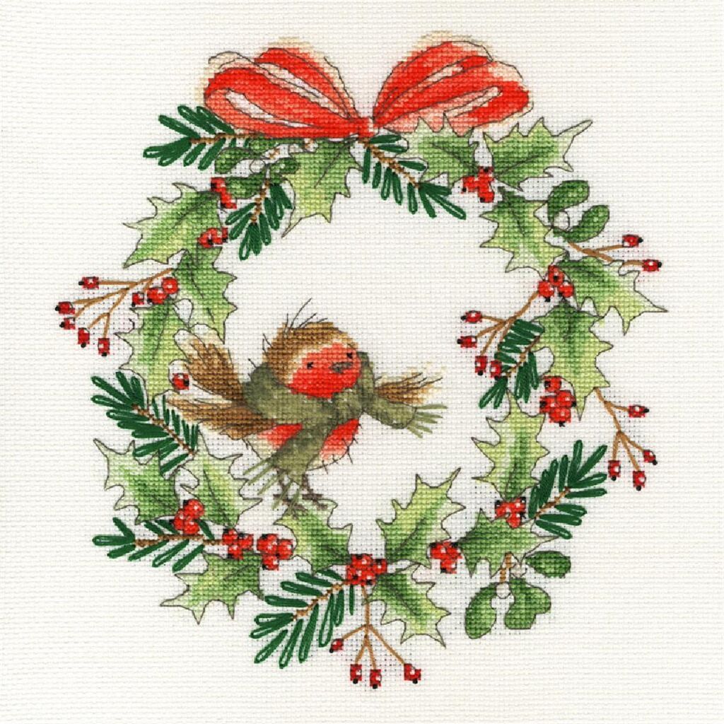 Bothy Threads Kreuzstich-Set "Rotkehlchen Kranz", 26x26cm, Produktbild 