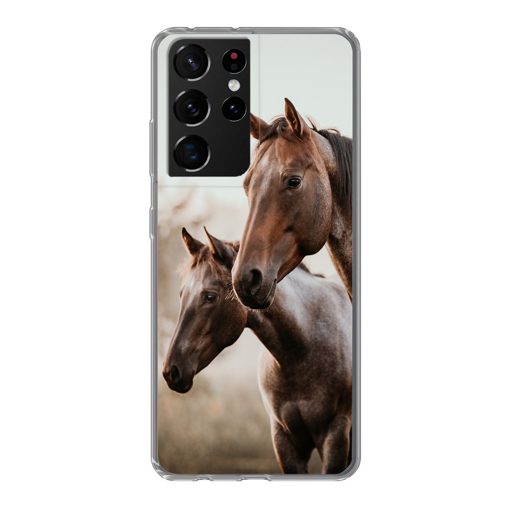 MuchoWow Handyhülle Schutzhülle Hülle für Samsung Galaxy S21 Ultra Pferde - Natur - Braun Silikon Softcase Handy Hülle - Mobiltelefon