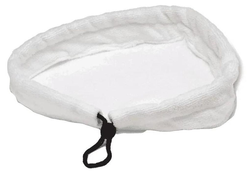 A white microfiber pad with a drawstring closure.