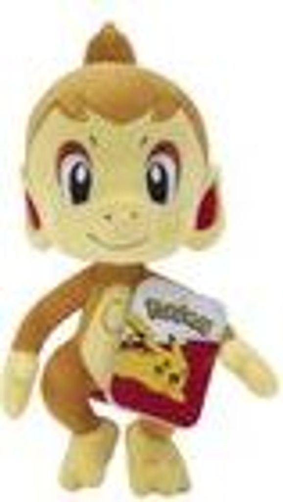 A stuffed toy of a monkey-like creature holding a red bag.