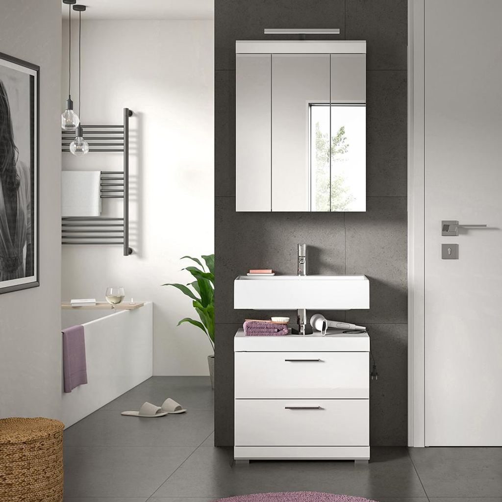 Badezimmer-Set 2-teilig in weiß mit weiß Hochglanz, mit Spiegelschrank inkl. LED-Aufsatzleuchte - SIROCO-158