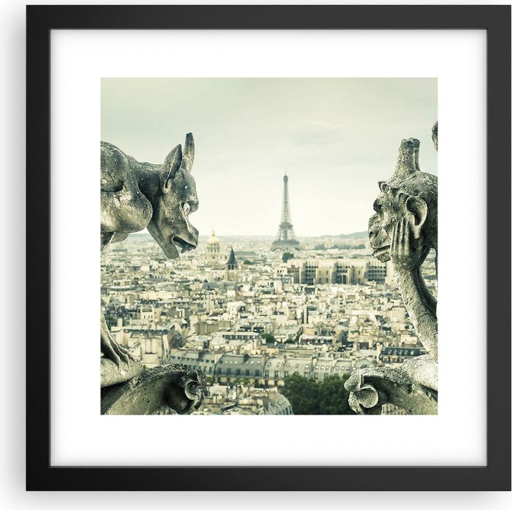 Gerahmtes Poster - Schwarzer Rahmen - Wasserspeier Paris Notre-Dame - 30x30 cm - Wand Bild - Wanddeko - Wandbilder - Kunstposter - Wandposter - Bil...