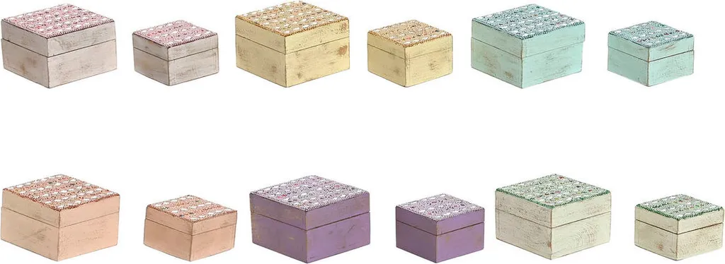 Boîte à Bijoux Home ESPRIT en Bois de Manguier Coloré 10x10x6cm - Lot de 6
