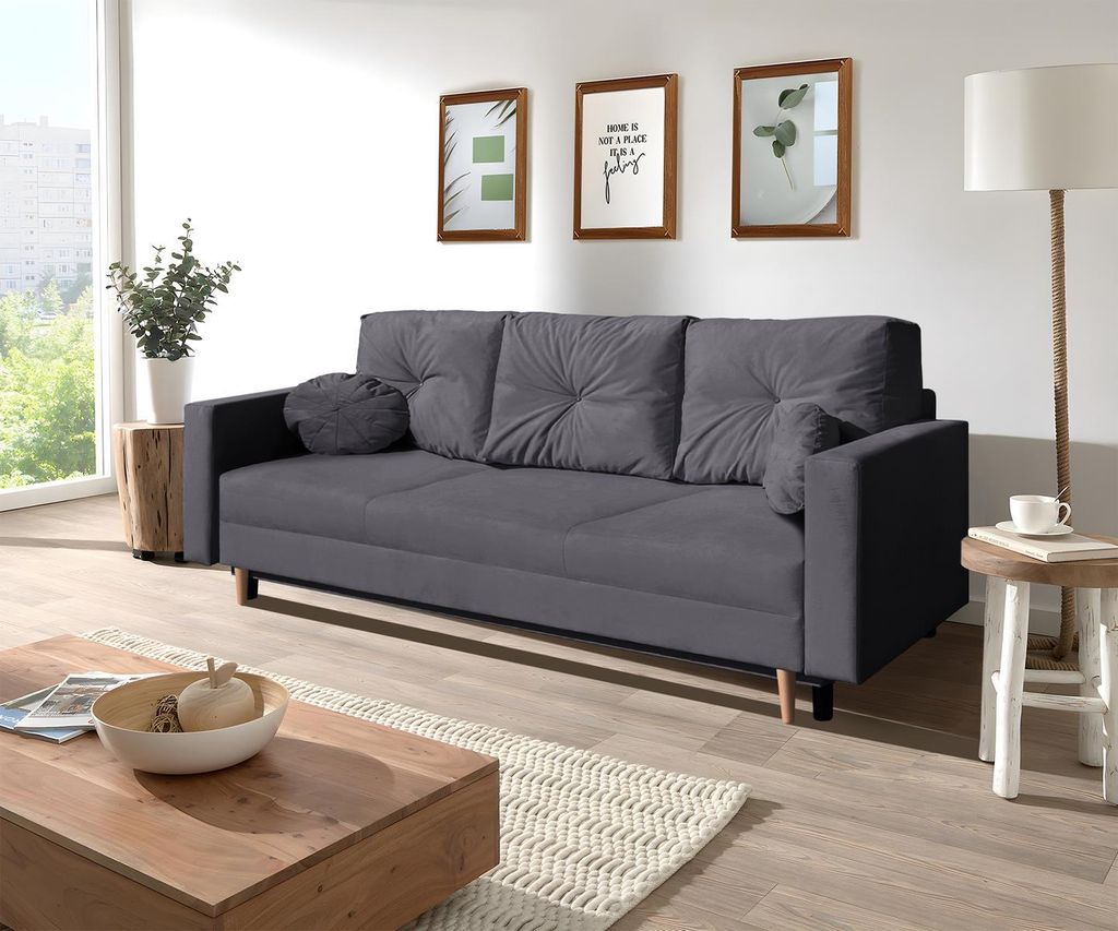 3-Sitzer Sofa MILAN auf Velours, Schlafsofa mit Bettfunktion und Bettkasten, Sofa, Couch mit Holzbeinen (Stoff: trinity 15 - grau)