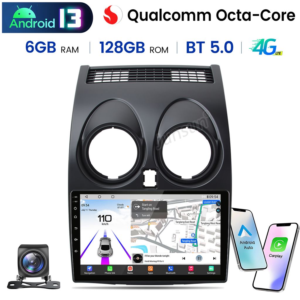 Collage of a car infotainment system, a backup camera, and phone mockups displaying Android Auto and Carplay.
