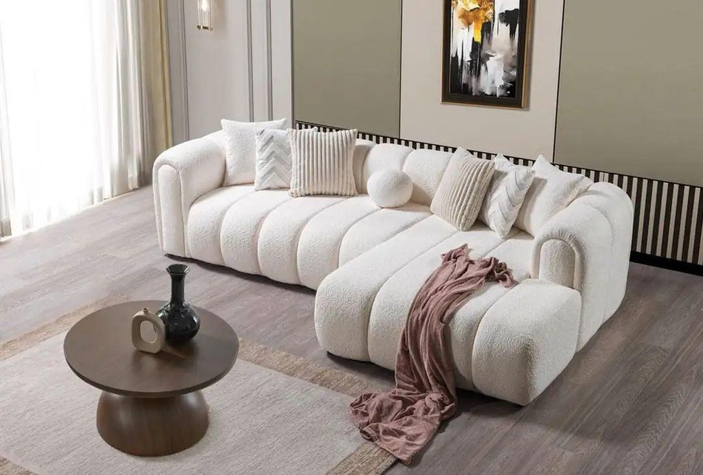 Hanah Home, Ecksofa Weiß, 265 x 185 cm, 100% Polyester (Boucle), 7 Kissen, Tragfähigkeit 240 kg, Pflegeleicht, Mit abnehmbaren Rückenkissen, Mod...