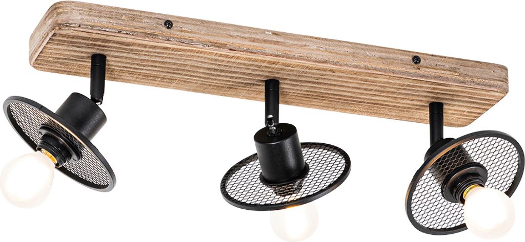 QAZQA - Industrie I Vintage I Industrie I Vintage Ir Deckenstrahler schwarz mit Holz 3-flammig Spotbalken-flammig - Jasmijn I Wohnzimmer I Schlafzi...