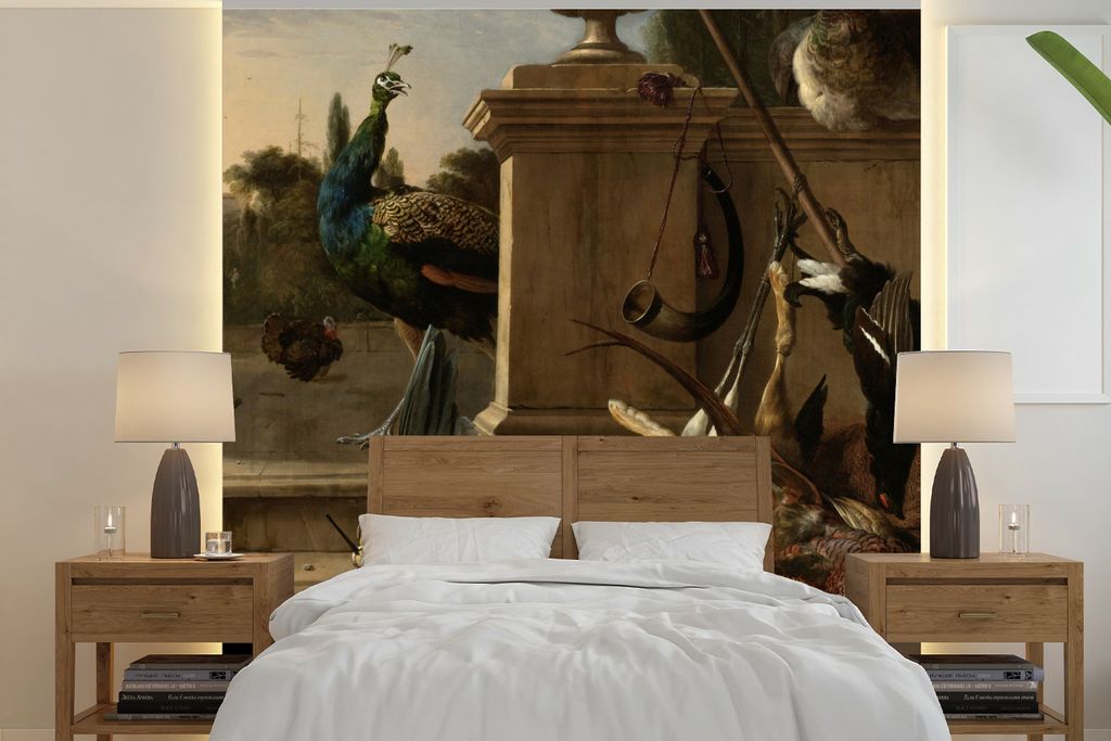 MuchoWow Fototapete für Wohnzimmer oder Schlafzimmer Wandtapete Vinyl Motivtapete Jagdstiefel auf einer Plattform - Gemälde von Melchior d'Hond...
