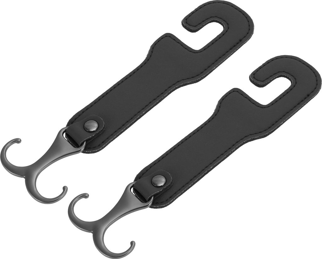 2 Stück für Geldbörsen und Taschen, Regenschirm usw. Auto Kopfstützenhaken Robuste Auto Rücksitz Organizer Haken Schwarzes Kunstleder Metall 1...