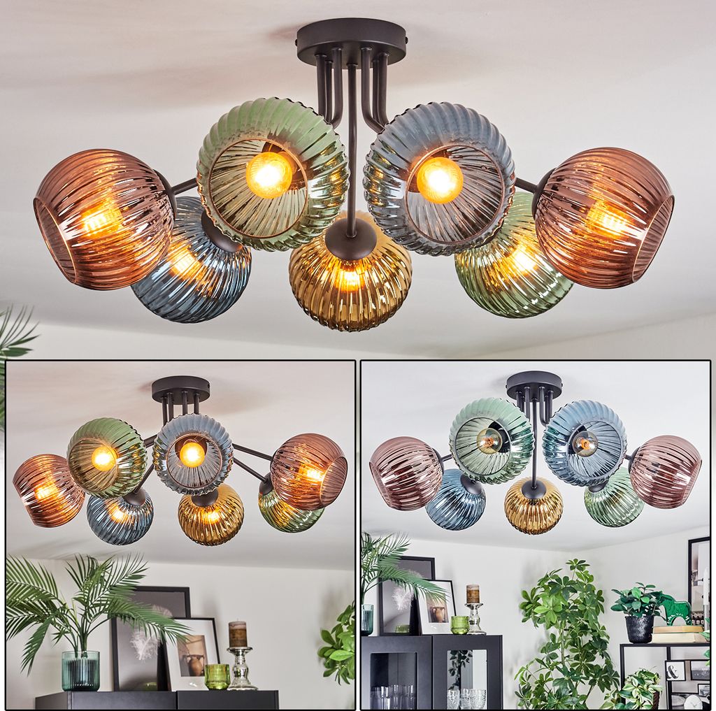 Cesaro Deckenlampe aus Metall/Riffelglas in Schwarz/Blau/Grün/Gold/Kupfer