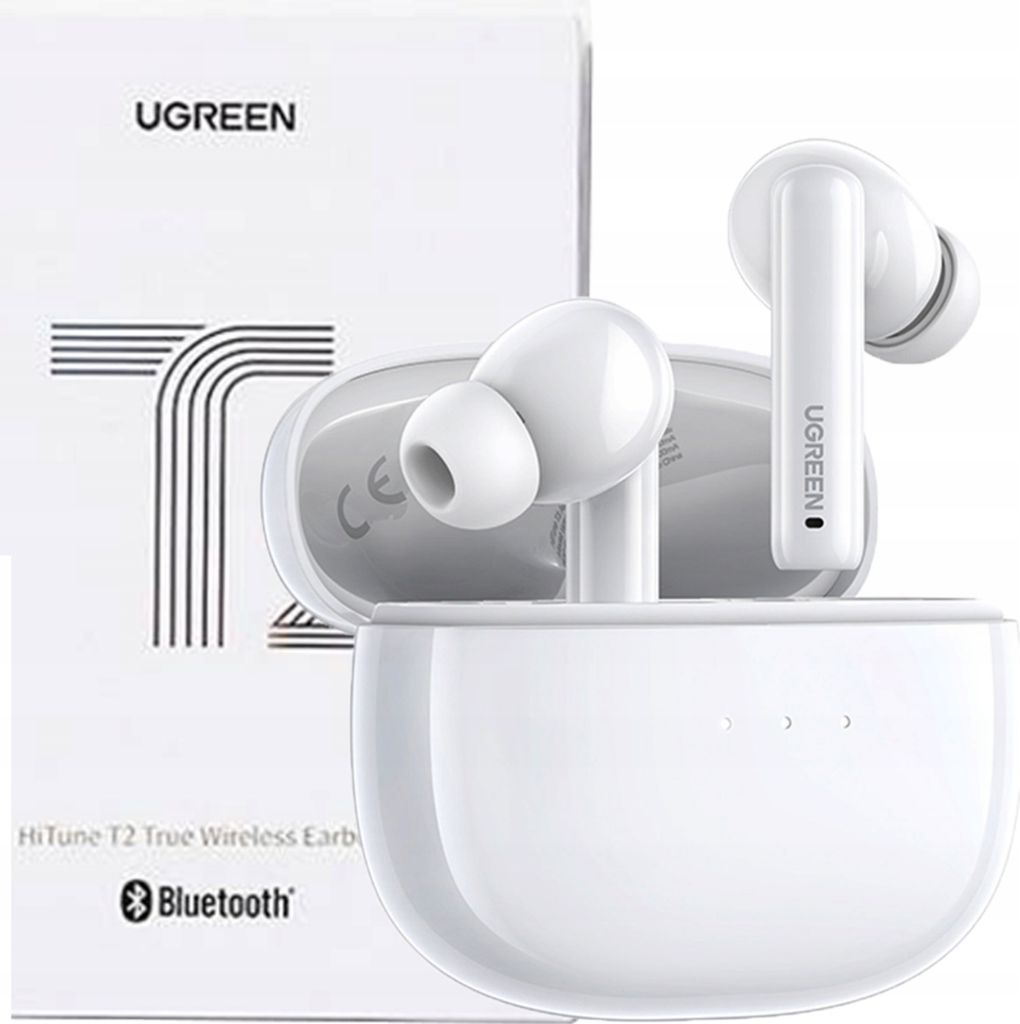A white UGREEN HiTune T3 true wireless earbud set with its charging case, placed next to its packaging.